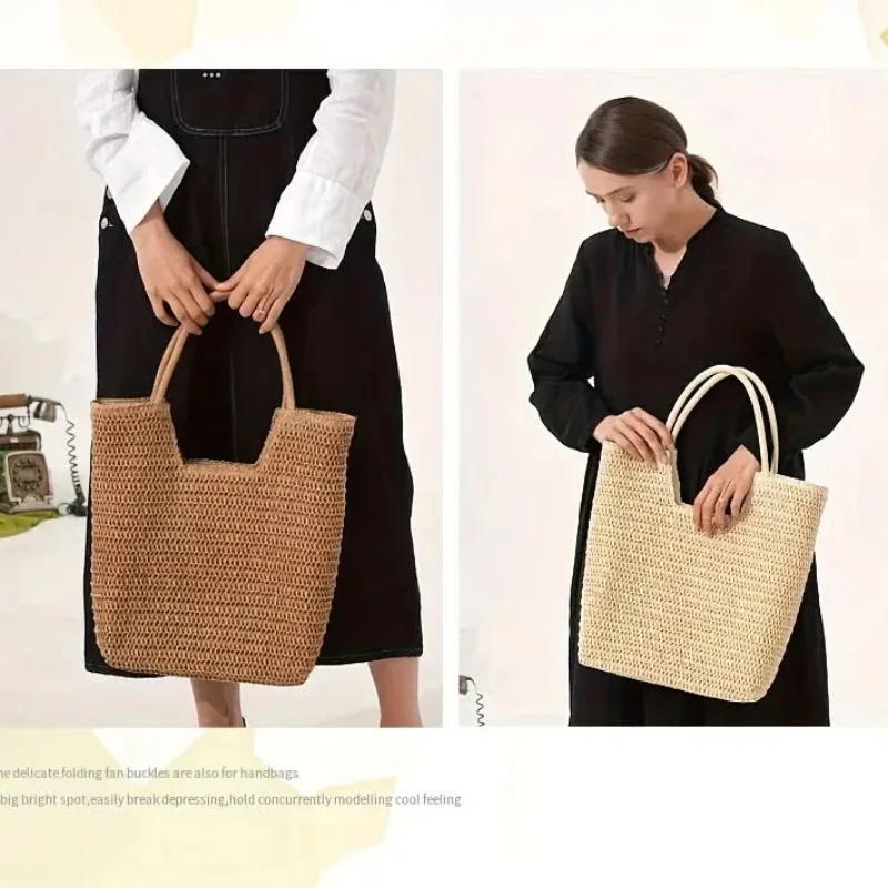 

Стильная вместительная сумка-тоут из плетеной бумаги для женщин, летняя пляжная сумка через плечо с застежкой-молнией, комплект с шляпой и костюмом