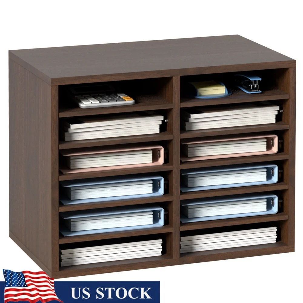 

12 Compartment Wood Literature Display Rack Adjustable Organizer Office Home Classroom Storage Easy Assembly Durable Design
