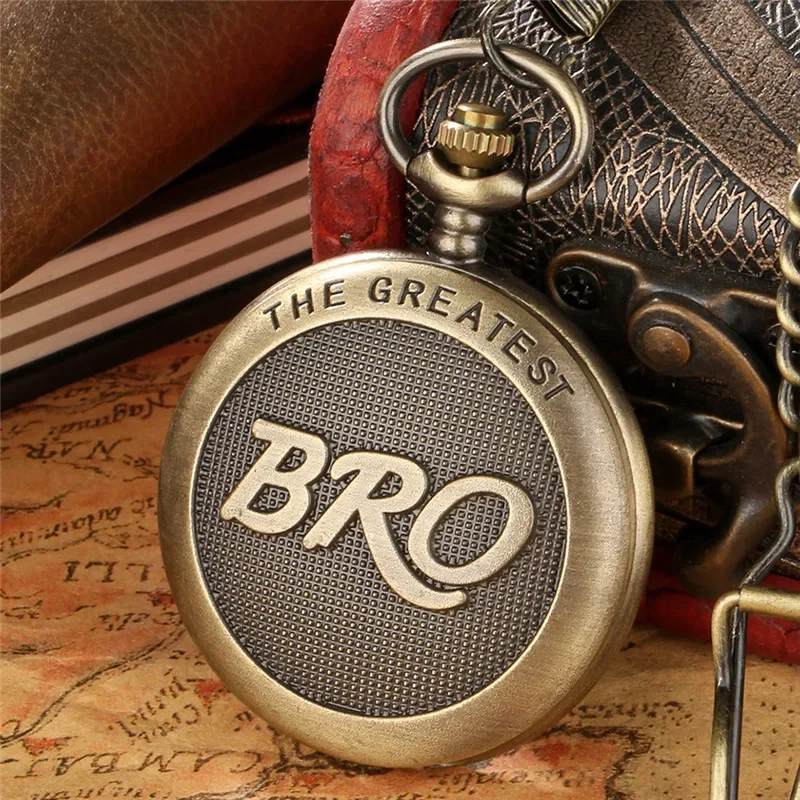 Vintage The Greatest Bro Analog Quartz Pocket Watch for Men Necklace Pendant Chain Arabic Number Clock Gift to Brother