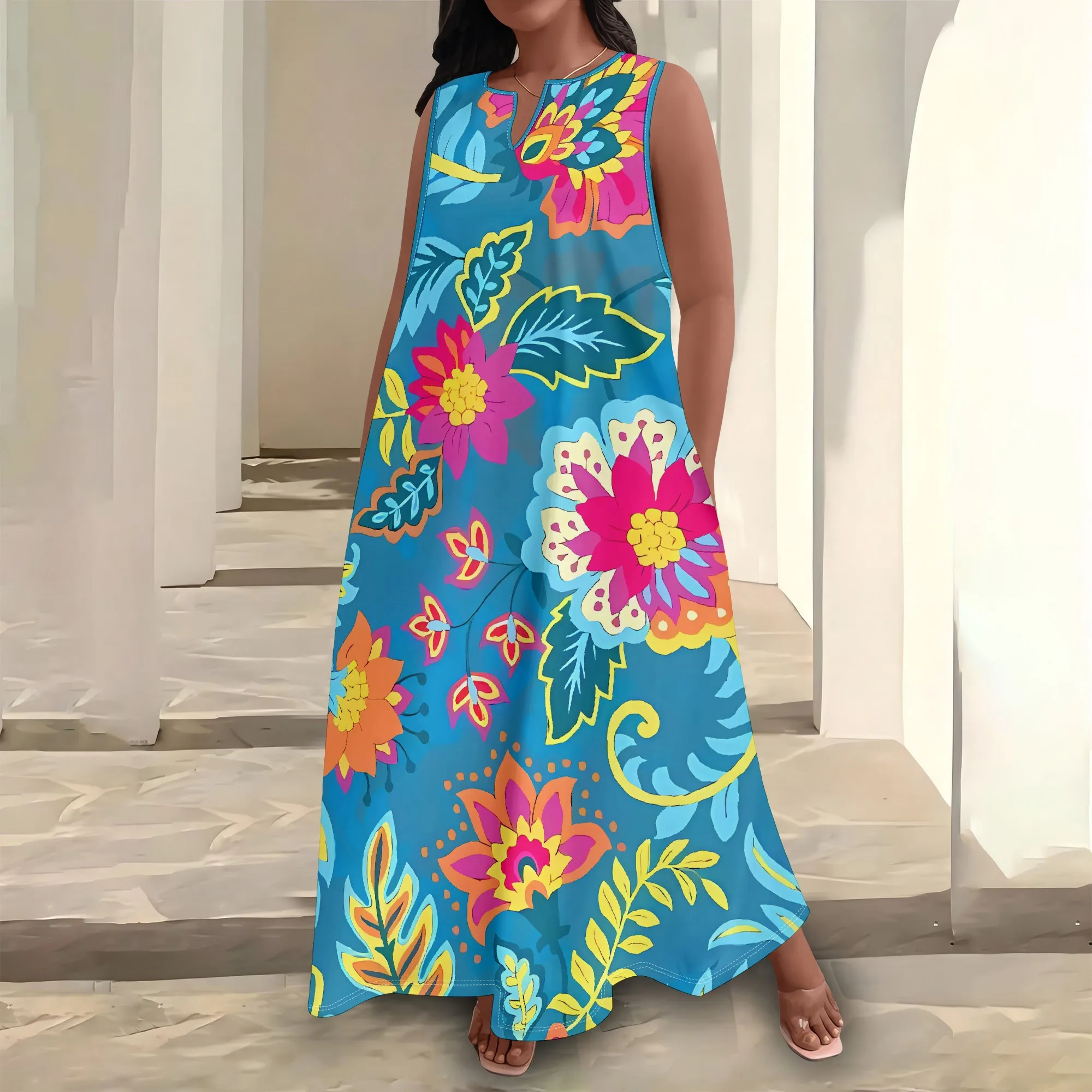 

Nupusa Colorful Floral Print Dress for Women Plus Size Casual Keyhole Neck Sleeveless Maxi Dress
