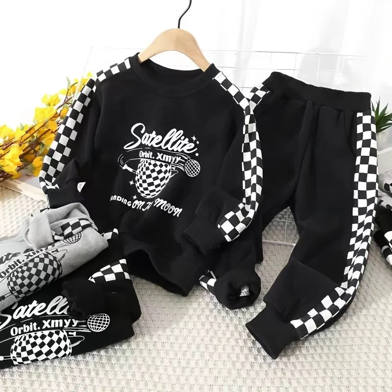 

Autumn Clothes Teen Girl Side Plaid Sweater Top and Pant Set Children Boy Cotton Letter Pullover Sport Trousers Two Pieces Suit