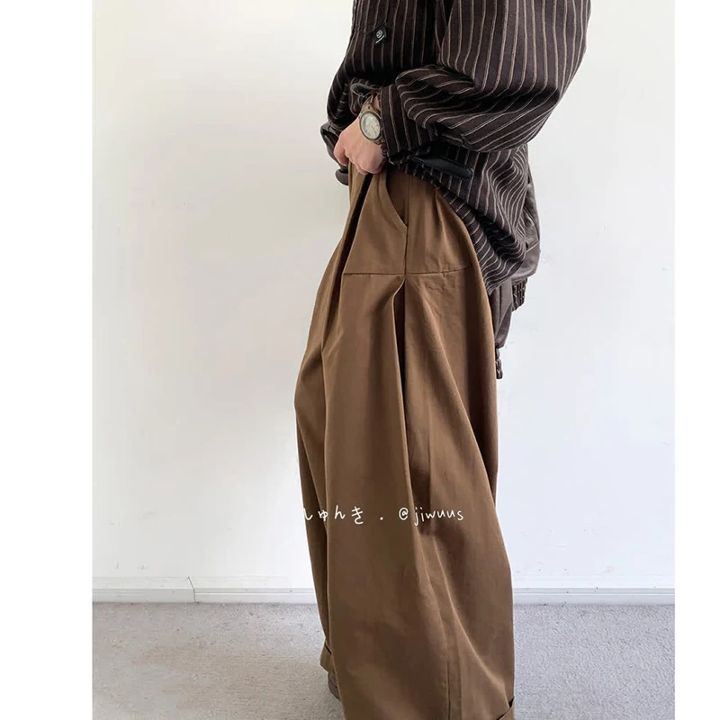 Spring Autumn Solid Color Fashion Elastic Waist Wide Leg Trousers Man High Street Pockets Patchwork Vintage Street Y2K Trousers