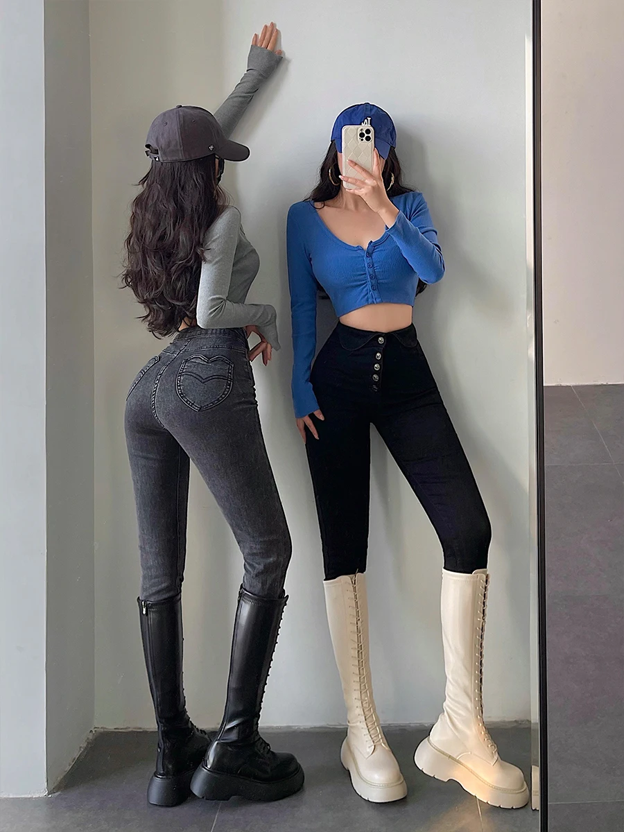 Sexy High Waist Cuffed Single Button Slim Fit Pencil Jeans Women's Denim Jeans Hot Girl Style Casual Long Trousers