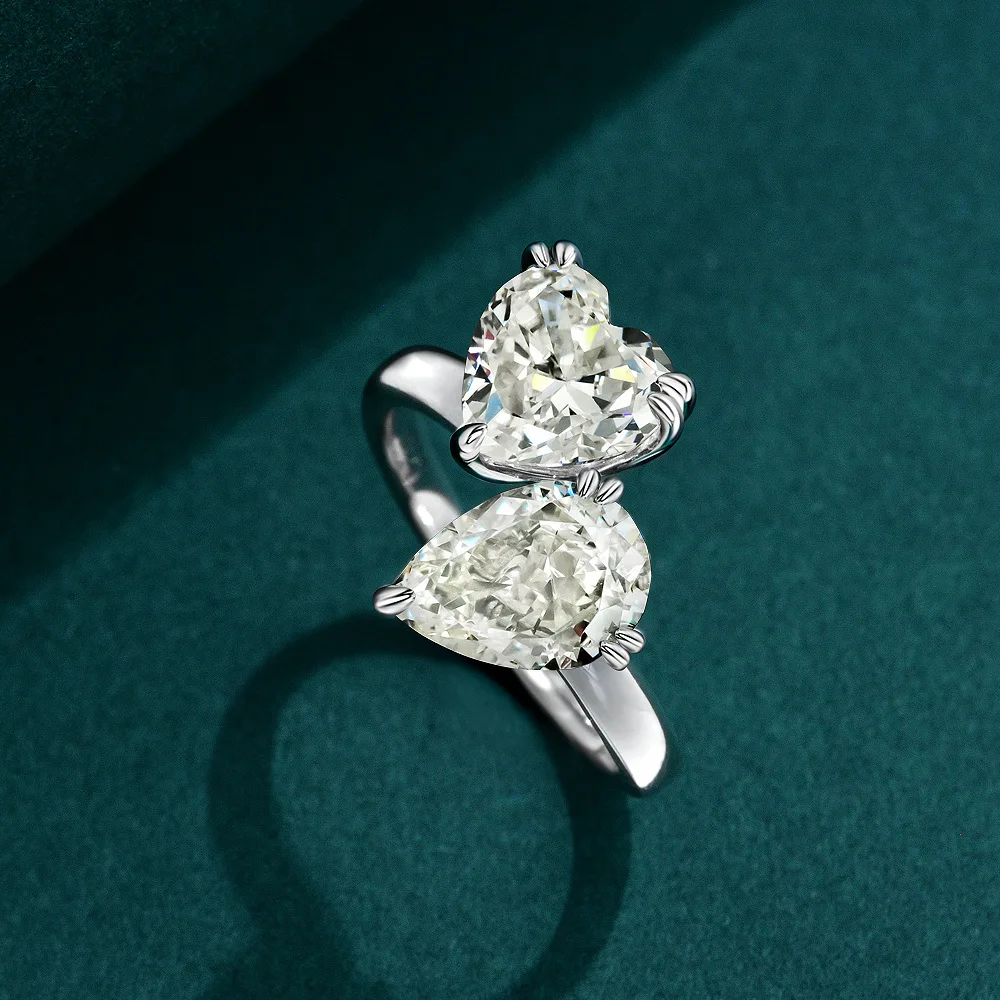 

S925 Silver New Heart Shaped 8 * 8 Ice Flower Cut White 2-carat Twin Stone Couple Open Ring Adjustable 6/8/1 Wedding Jewelry
