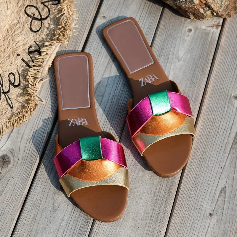 Zapatillas planas, zapatos informales para mujer, tendencia de lujo, vestidos elegantes de verano, sandalias de playa de diseñador, casa, punta redonda, marca de baño