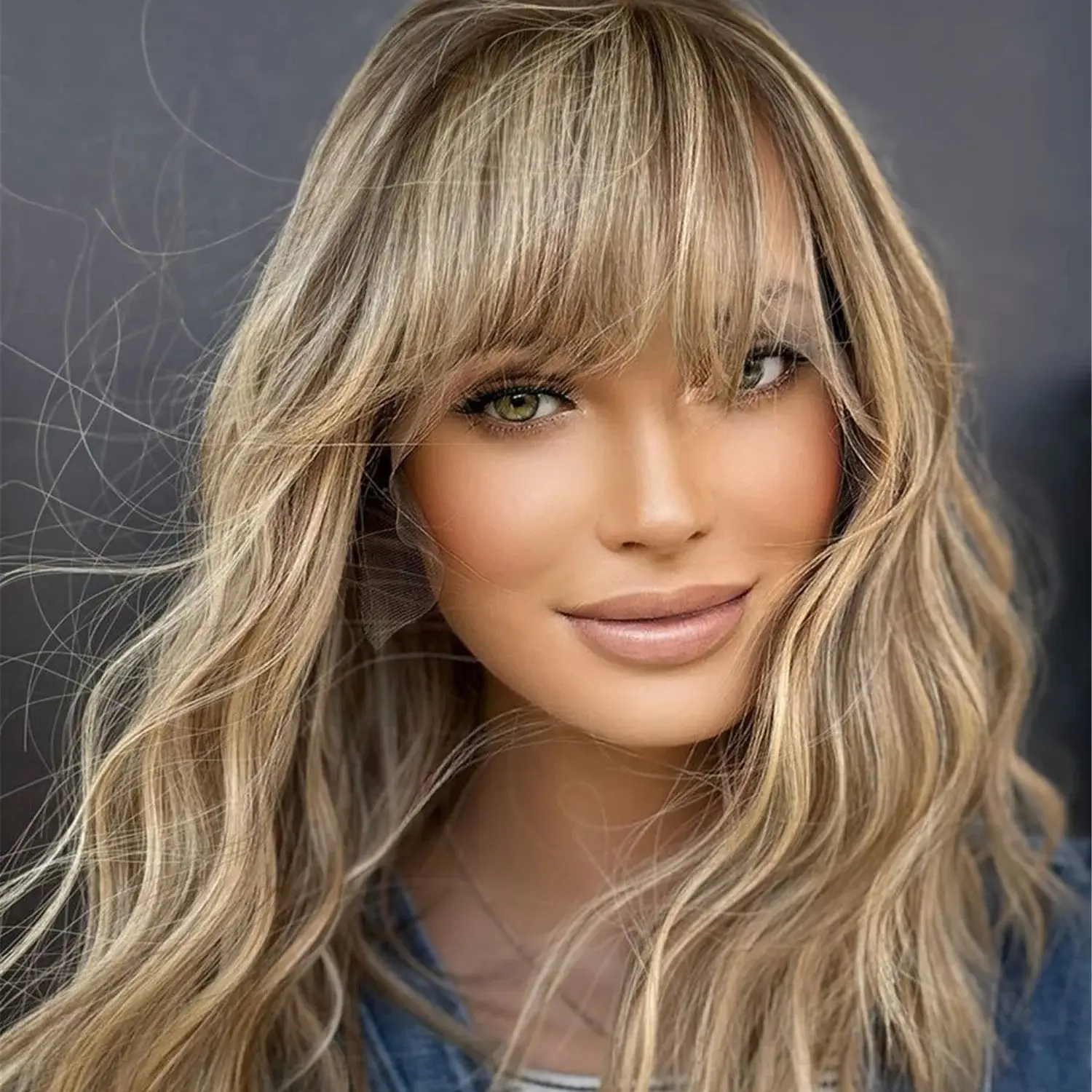 

Ombre Caramel Brown Blonde Balayage Wig With Curtain Bangs Shoulder Length Loose Wave Glueless Wigs Synthetic Hair 16 Inches