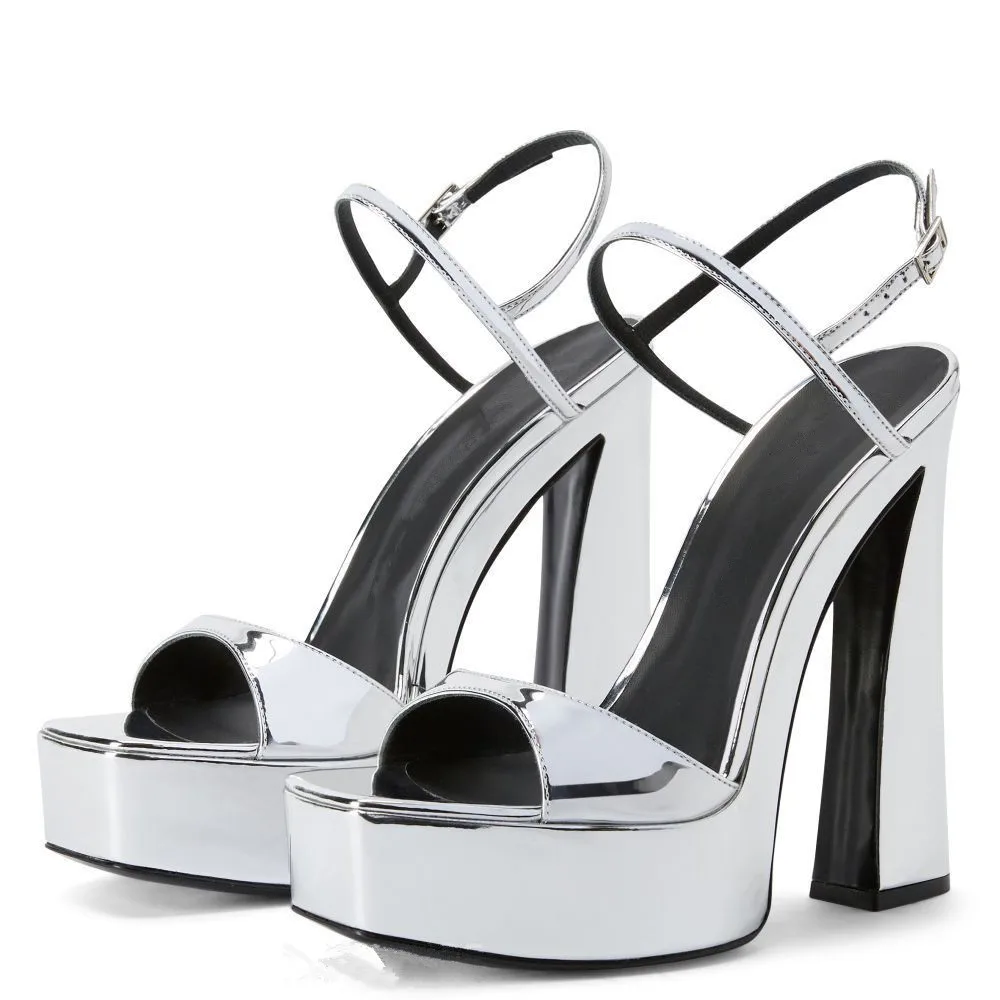 MILI-MIYA Concise Design Women Patent Leather Square Toe Sandals Super High Thick Heels Ankle Wrap Big Size 36-43 Dress Party