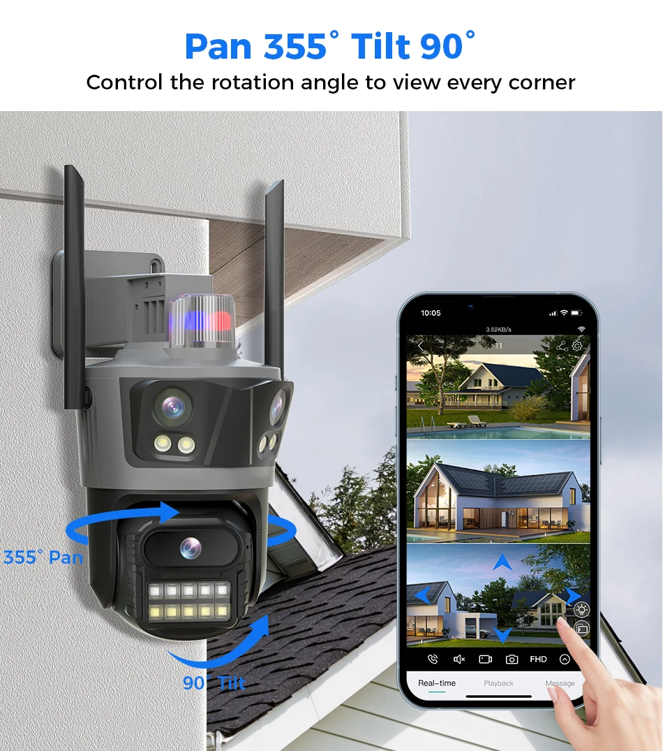 Hiseeu Three Lens PTZ IP Camera Outdoor 8MP HD Three Screen WiFi Security Auto Tracking Dual Len Wireless CCTV Camera ICsee