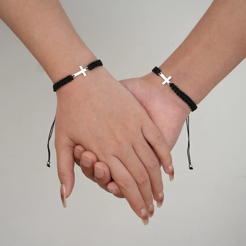 Trendy Black White Cross Bracelets for Women Men Faith Baptism Couple Gift Silver Color Rope Chain Matching Bracelets Jewelry