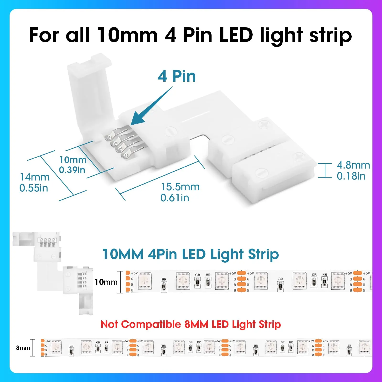 10pcs L/I Shape 4-Pin LED Connectors for LED Strip Lights 10mm Width Unwired Gapless Solderless Adapter Extension