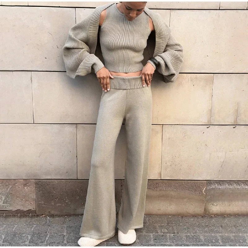 Damen Strick-3-Teiler-Set: O-Ausschnitt, ärmelloses Crop-Top, Langarm-Mantel, weit geschnittene Hose, Herbstmode, neue Strickwaren für Damen – Detail 29