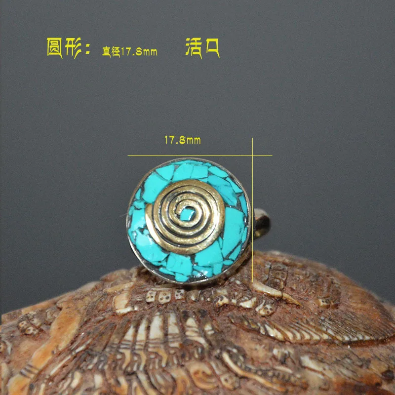 Natural Turquoise Drop Round Ring With Copper Wire Inlay, Handmade, Adjustable Size