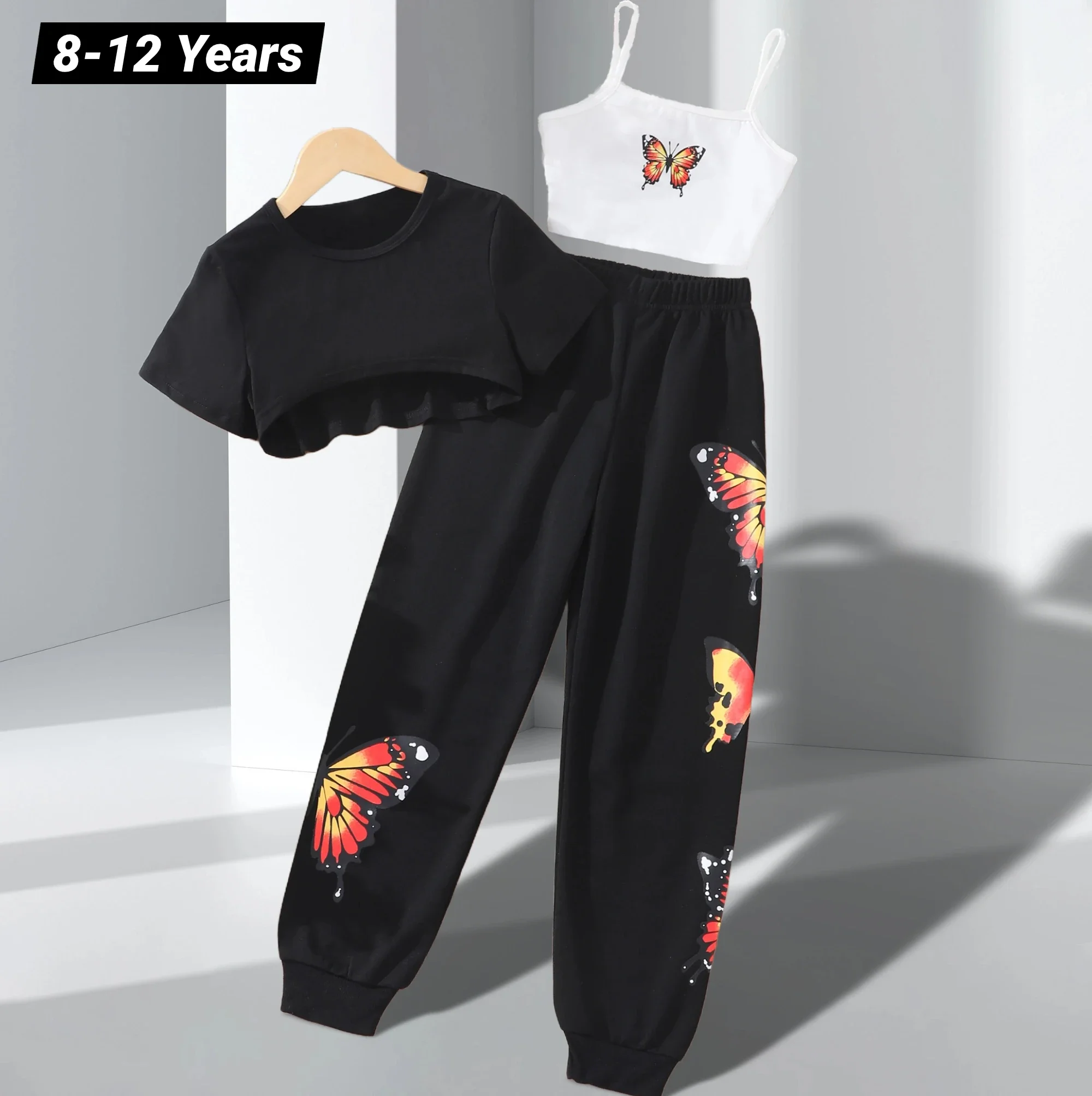 Kids Girls Clothing Set 3-Piece Summer Outfit Featuring Short Sleeved T-shirt Butterfly Straps Pants Children Suit Girls Outfits