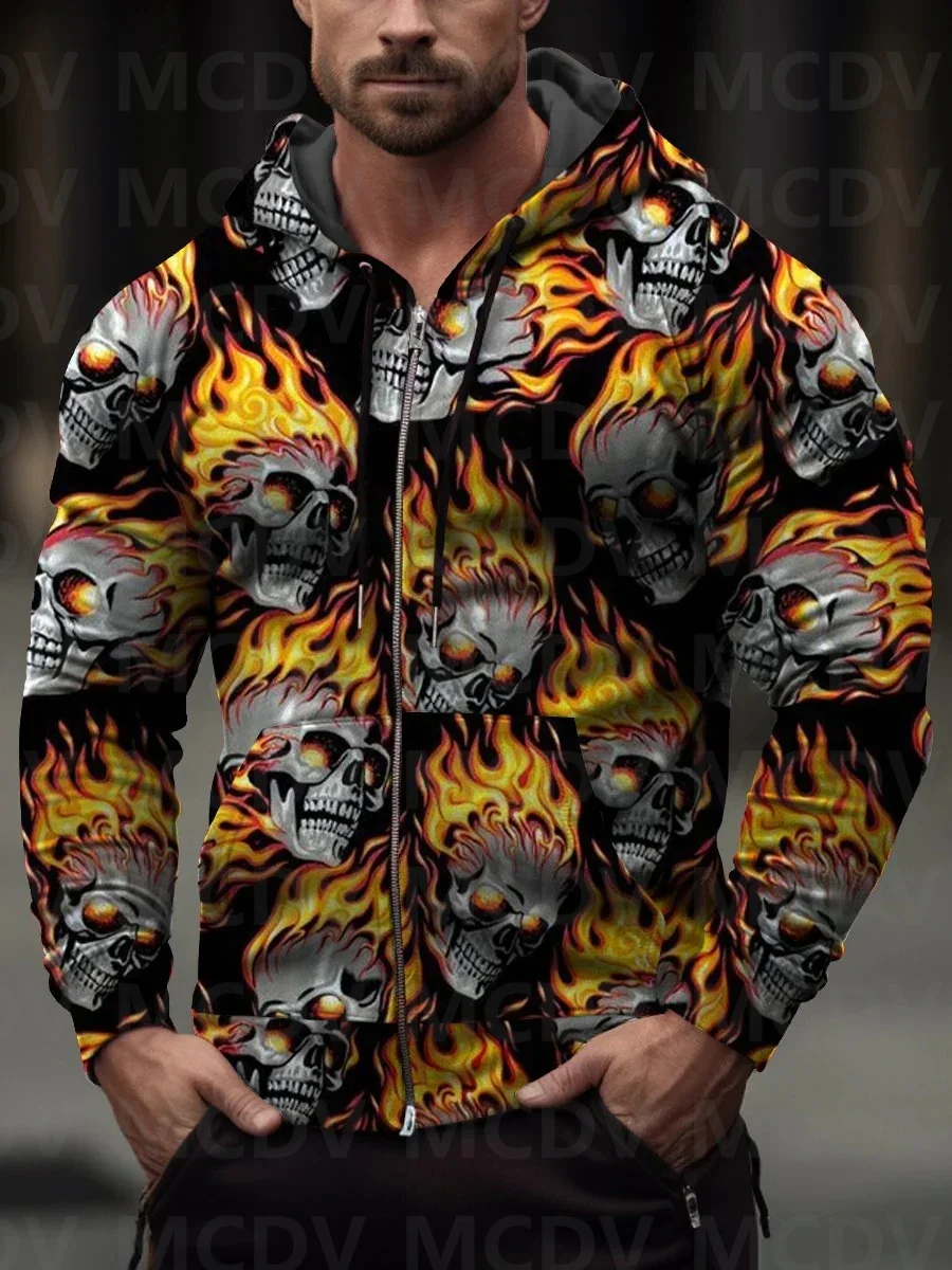 Men's Multicolor Selection Ghost Skul Casual Print Leaf Zip-Up Hoodie Halloween Zippper Hoodies