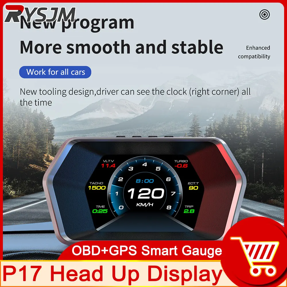 P17 Head Up Display 4.3 Inch Speedometer OBD2 +GPS HUD Display Smart Auto Tachometer Security Alarm Water Temp Voltage RPM Overs