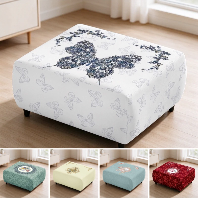 Floral Printed Elastic Square Footstool Cover Removable Washable Ottoman Slipcover All-inclusive Furniture Protector Home Decor