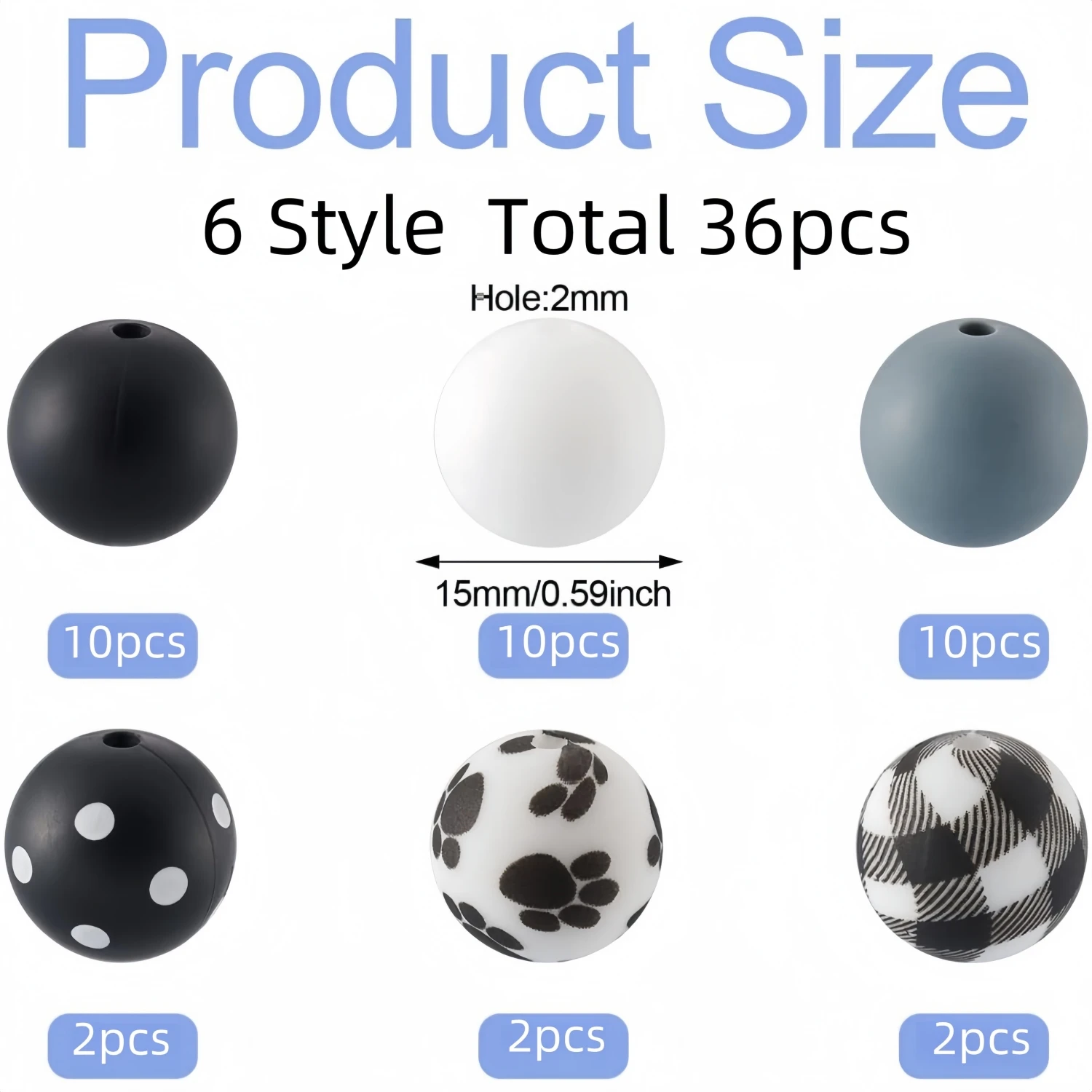 18/36pcs silicone beads 15mm dog paw footprints silicone beads black and white buffalo pattern keychain bracelet beads round rubber orchid code pen