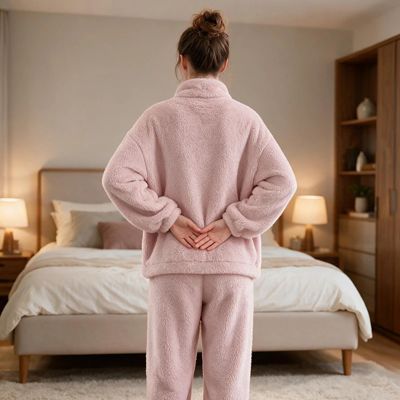 Fall and Winter Coral Fleece Pajamas Women's Thickened Warm Zipper Loungewear Two-Piece Set Large Size Long-Sleeved Sleepwear