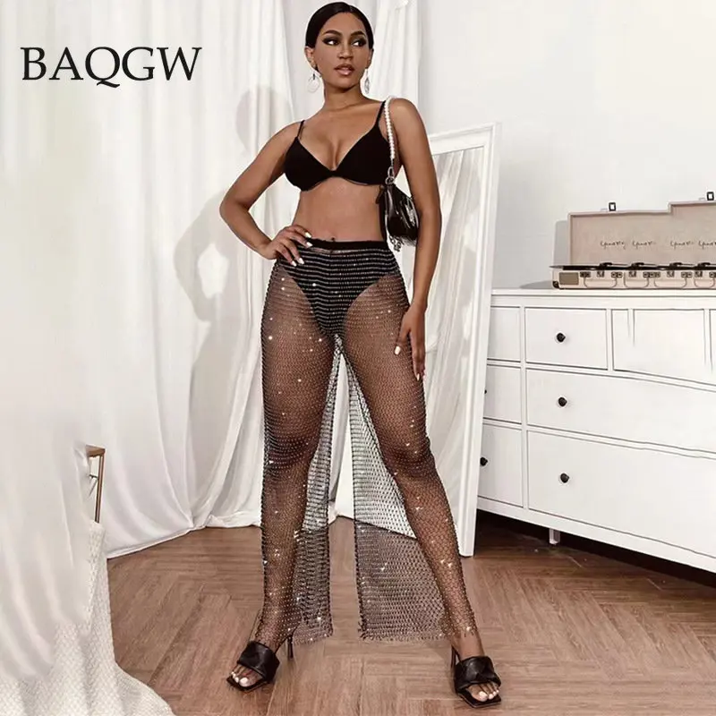 

Rhinestoned Patchwork Shiny Fancy Diamond Cutout Elastic Waist Floor Mopping Sexy Ladies Carnival Party Diamond Wide Leg Pants