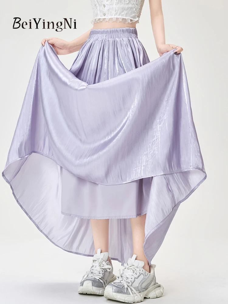 Beiyingni Vrouwen Maxi Geplooide Rokken Casual Eenvoudige Elastische Taille Wit Roze Lange A-lijn Rok Dames Elegante Luxe Franse Jupes