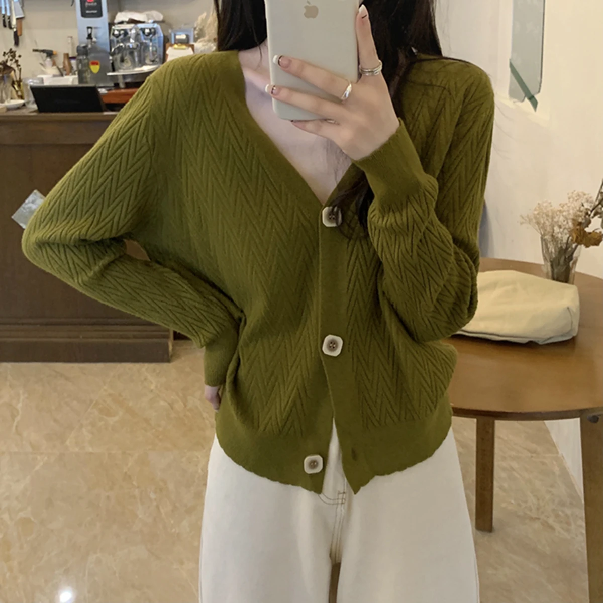 

Women's V-Neck Cardigan Knit Solid Color Sweater