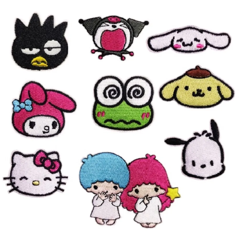

9Pcs Anime Kuromi Anime Mymelody Pochacco Applique For Sew Child Clothes Iron on Embroidery Patches Jeans Kwaii Decor Coat Badge