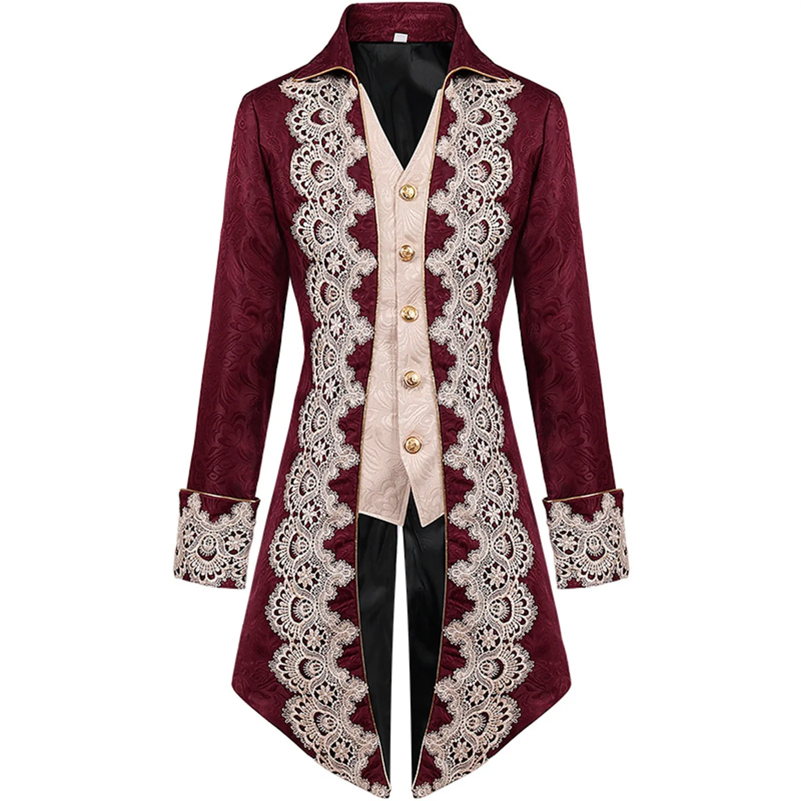 Mens Vintage Embroidery Long Jacket Medieval Victorian Gothic Tuxedo Frock Coat Single Breasted Lapel Steampunk Cosplay Tailcoat