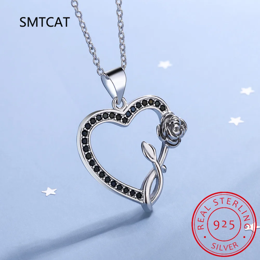 Natural Black Spinel Gemstone Heart Shape Rose Flower Pendant Necklace for Women Birthday Gift 925 Sterling Silver Fine Jewelry