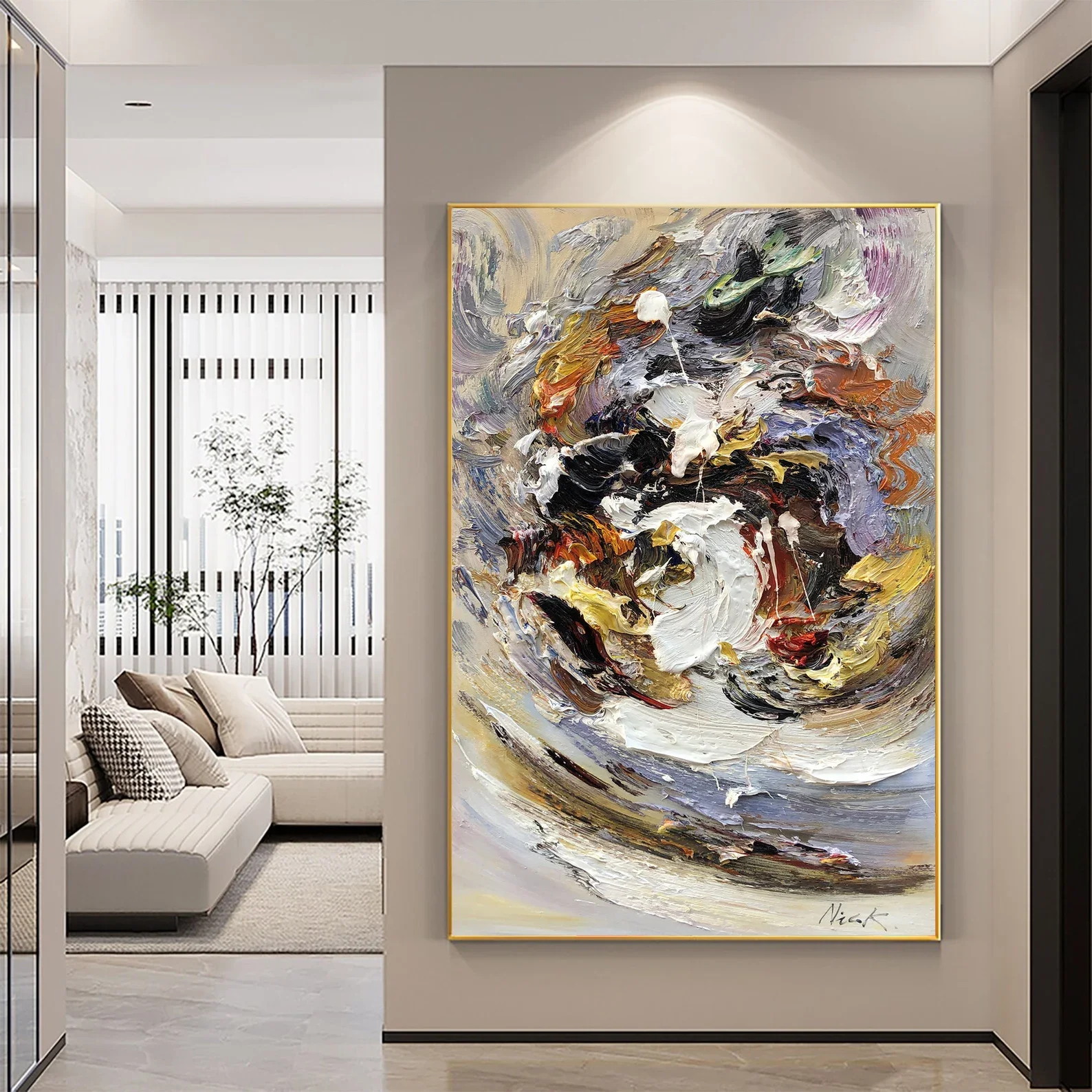 

Large Texture Abstract Painting Colorful 3D Wall Art Beige Oil Painting White Texture Painting Modern Living Room Minimalist Art