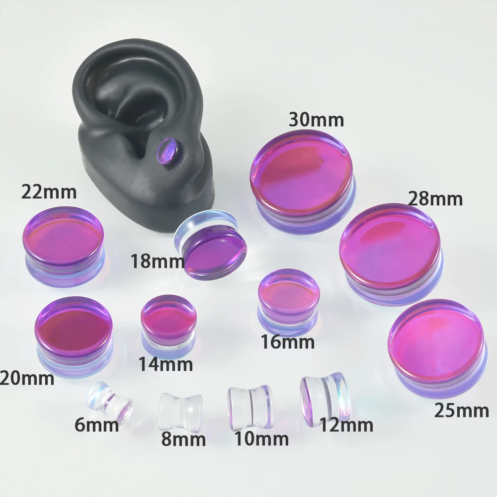 1Pair Quality Purple For Women Glass Iridescent Double Flare Flashback Ear Plugs Tunnel Ear Gauge Stretching Piercing Expander
