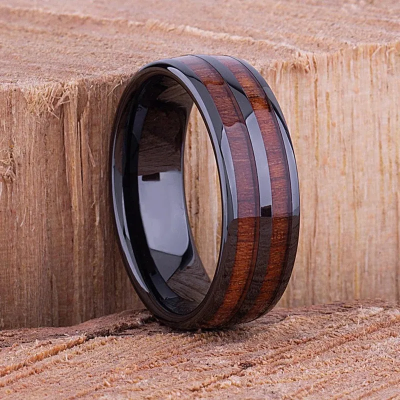 Anillos de madera de Koa de acero de titanio para hombres y mujeres, anillos de acero inoxidable pulido de cúpula, banda de boda, regalos de joyería, moda