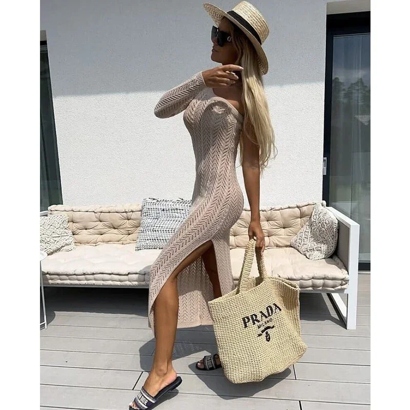 2024 Bikini Cover-ups Witte Gehaakte Tuniek Kitted Cover up Sexy See Through Lange Mouw Mesh Maxi Slanke Jurk vrouwen Strandkleding