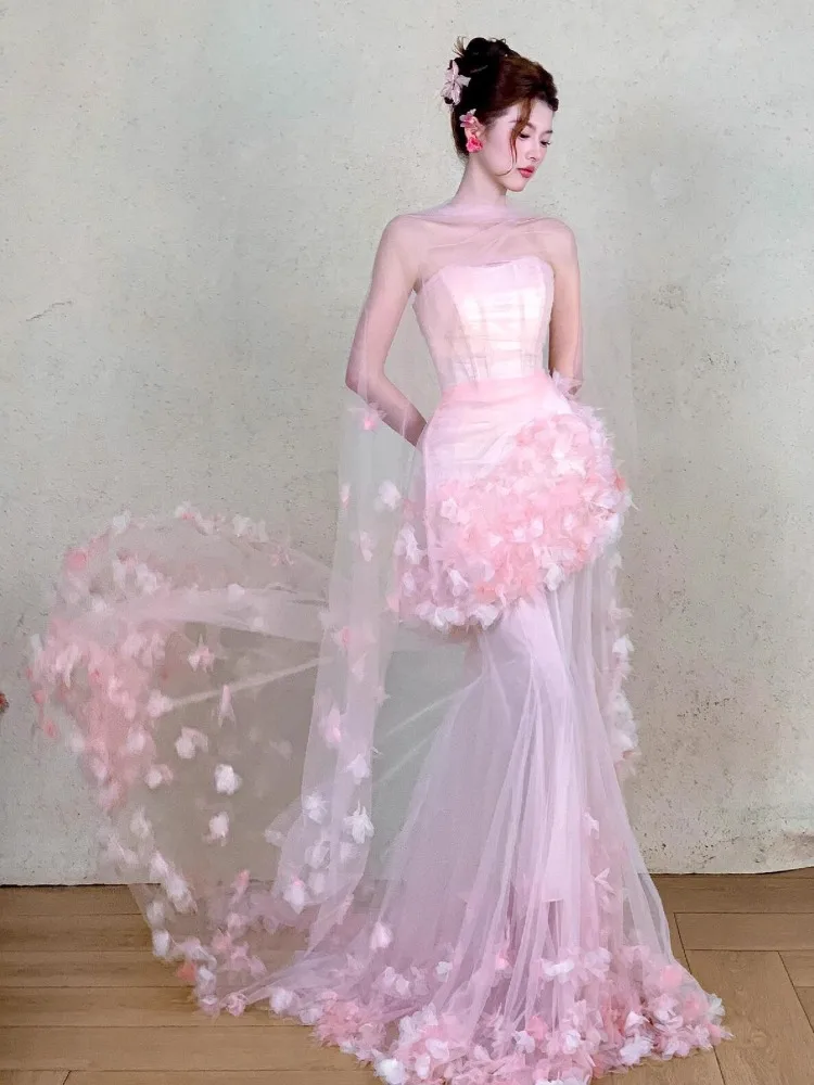Розовые длинные свадебные платья по индивидуальному заказу, женские тюлевые цветы без бретелек со складками, Русалка, вечерние платья для выпускного вечера, танцевальные свадебные вечерние платья