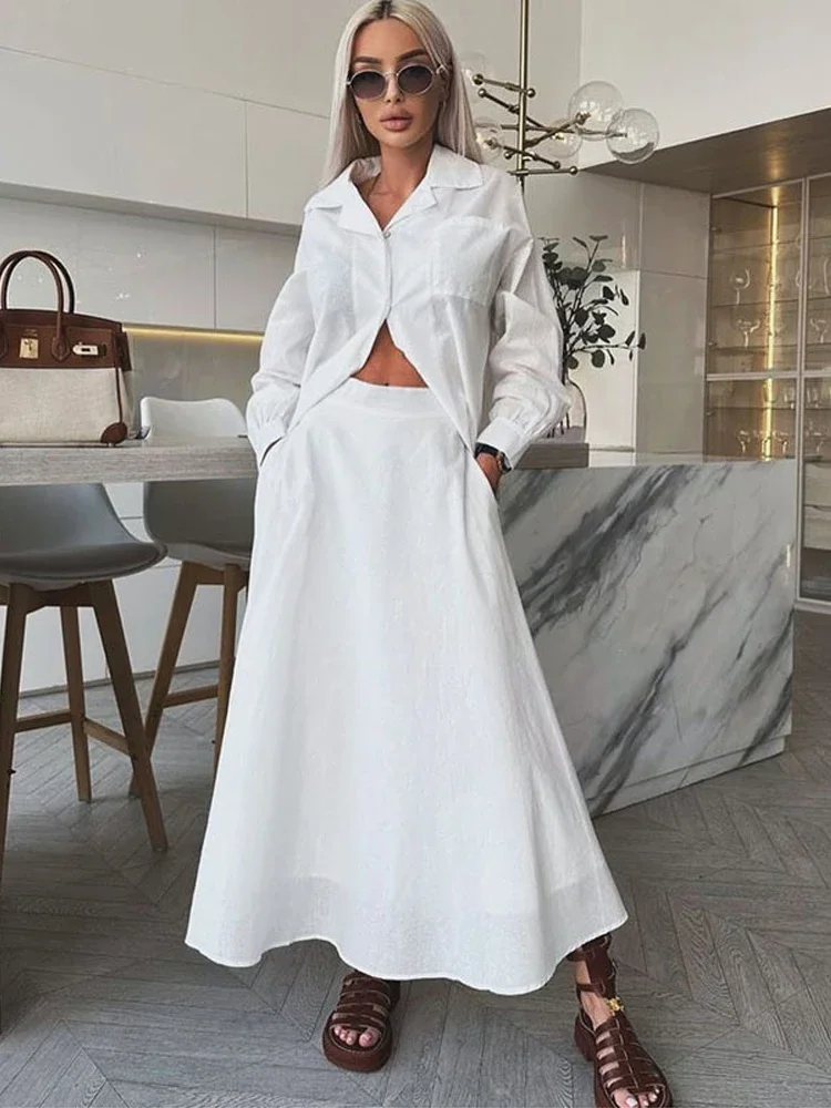 

Women Cotton Shirt Skirt Sets Laple Pockets Full Sleeve Shirts Loose High Waist Wide Leg Skirt Female 2025 Spring Lady Outfits
