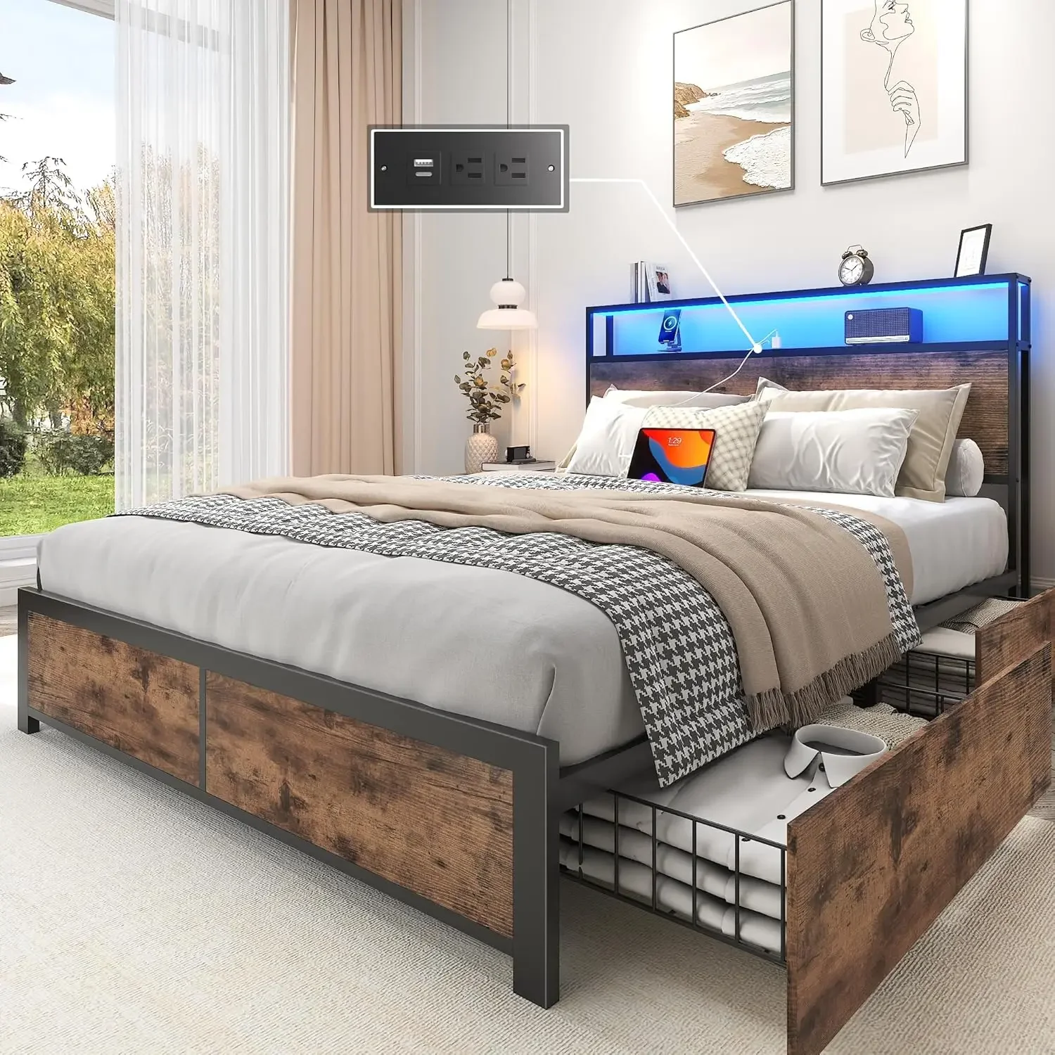 Lifezone Full Bed Frame with 2-Tier Storage Headboard, Metal Platform Bed Frame with 4 Storage Drawers, Built in Charging