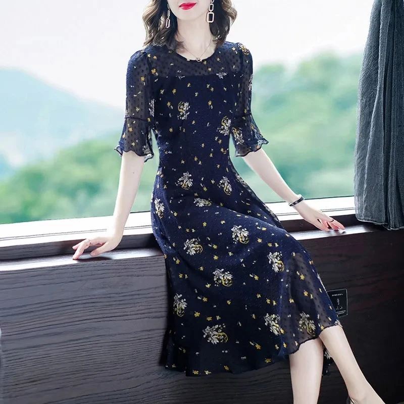 

2024 Summer Casual Broken Flower Printed Midi Dress Women's Clothing A-Line Commute Round Neck Fashion Spliced Chiffon Dresses