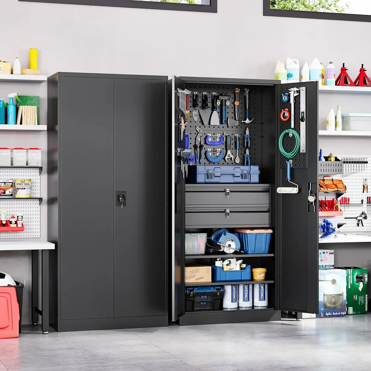 Yizosh Metal Garage Storage Cabinet with Locking Doors and 2 Drawers, Heavy Duty Steel Tool Cabinet with Pegboard, 71