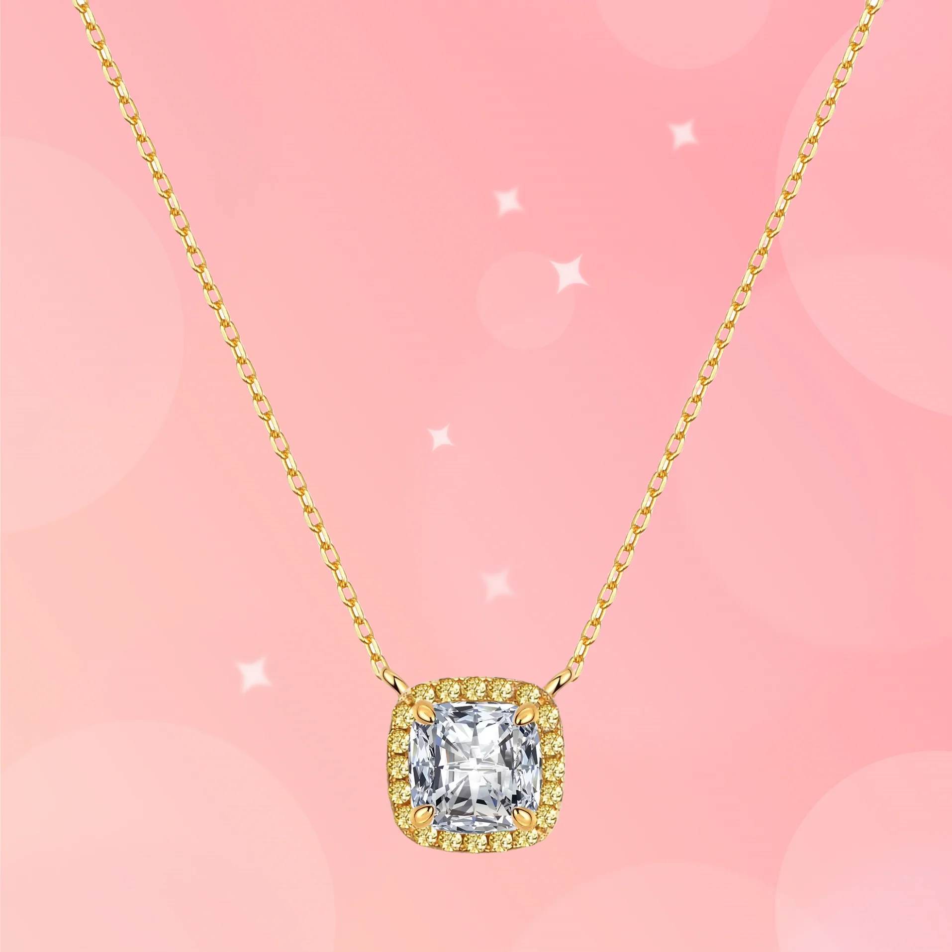 

New S925 Sterling Silver Necklace Female Emerald Cut Mozambican Diamond Princess Square Full Diamond Collarbone Chain