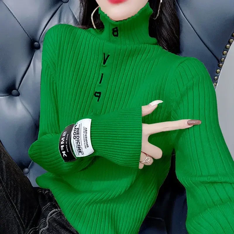 

Autumn Winter New Fashion Letter Interior Lapping Knitting Top Tee Femme All-match Turtleneck Sweater Long Sleeve Pullovers Tops