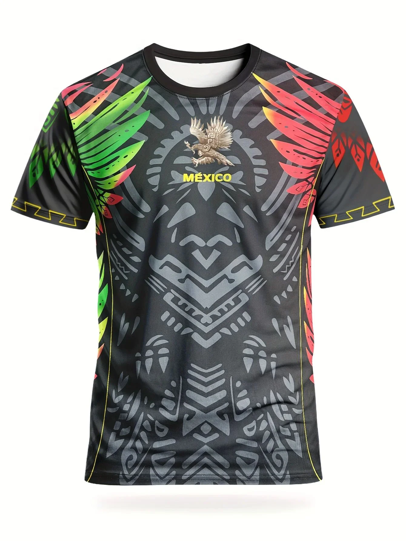 قميص كرة القدم المكسيكي للرجال وأزتيك برقبة دائرية، قميص رياضي مريح ومطبوعات حضارة الأزتيك والمايان ومناسبة لـ #4