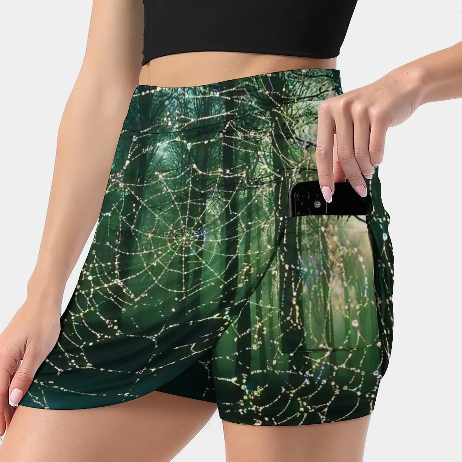 

Spider Web Women's skirt Y2K Summer Clothes 2022 Kpop Style Trouser Skirt With Pocket Spider Web Dark Real Green Glow Drops Wet