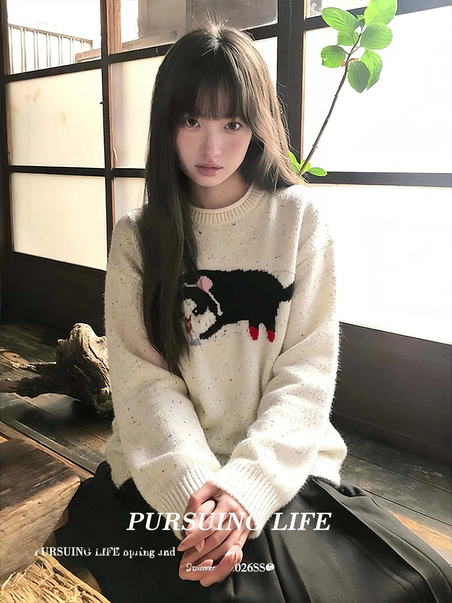 

Retro American Long Sve Knitwear Women's Spring Faion Pattern round Ne Loose Lazy Sle Top Trendy Casual Wear