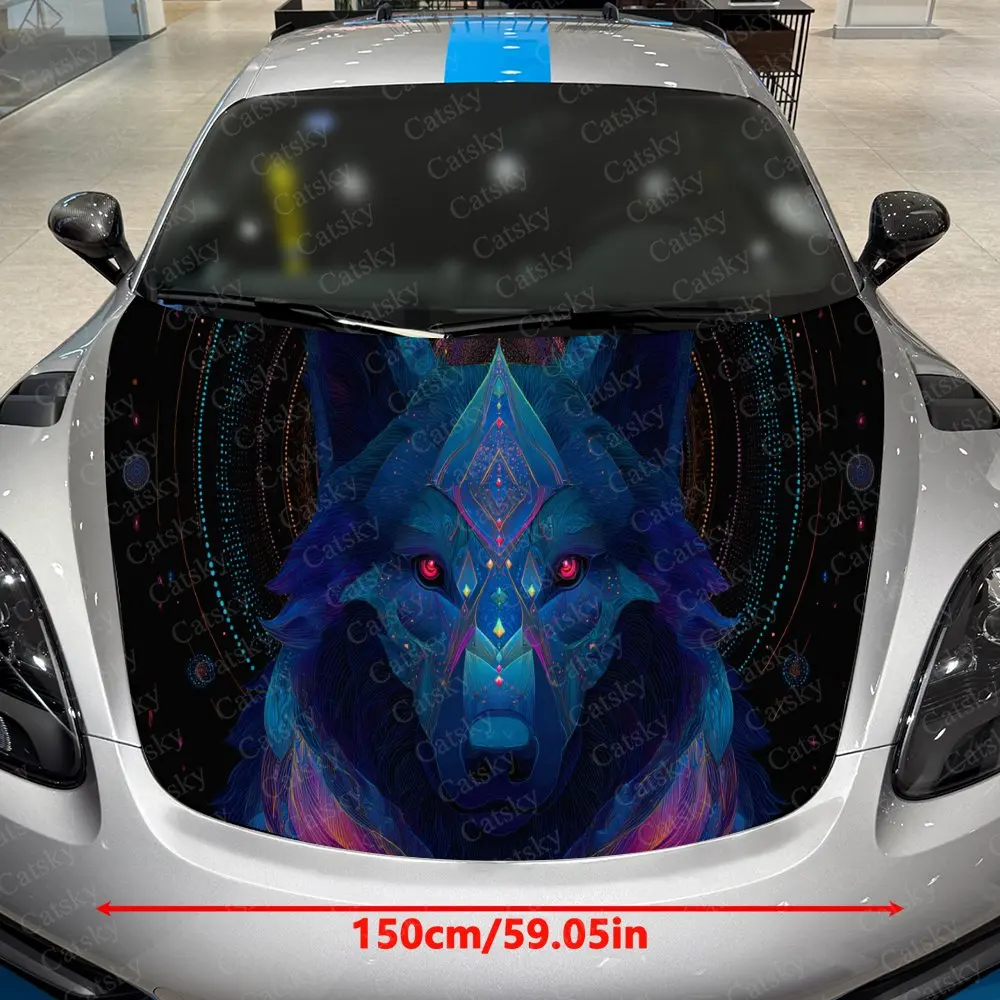 Iridescent Wolf Pattern Car Vinyl Wrap, PVC Waterproof Car Hood Sticker, Self-Adhesive Scratch-Resistant Stickers