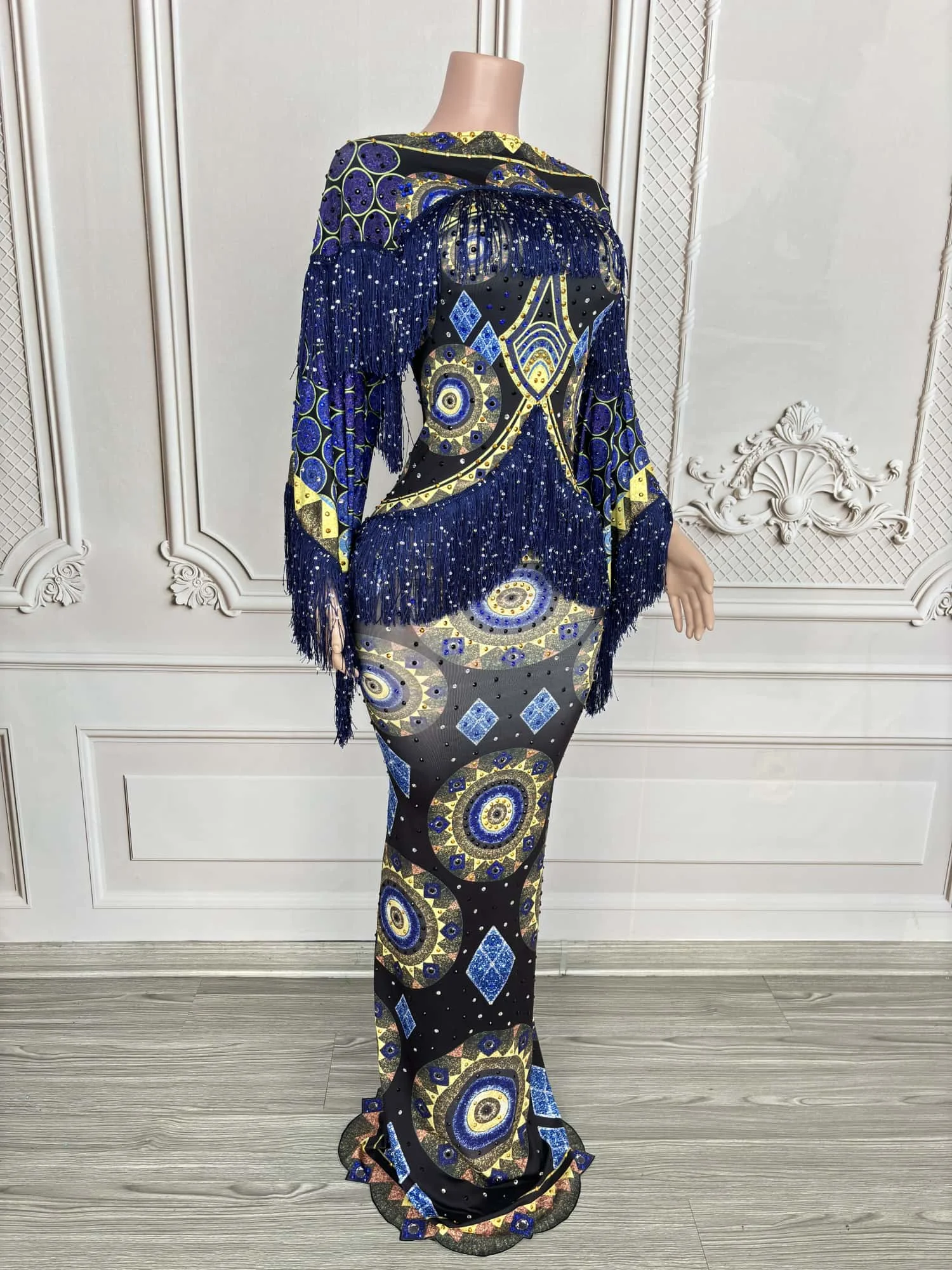 Clássico sexy impressão high-end vestido de noite borla elastano apertado encaixe vestido longo aniversário celebrar festa roupa chengbao