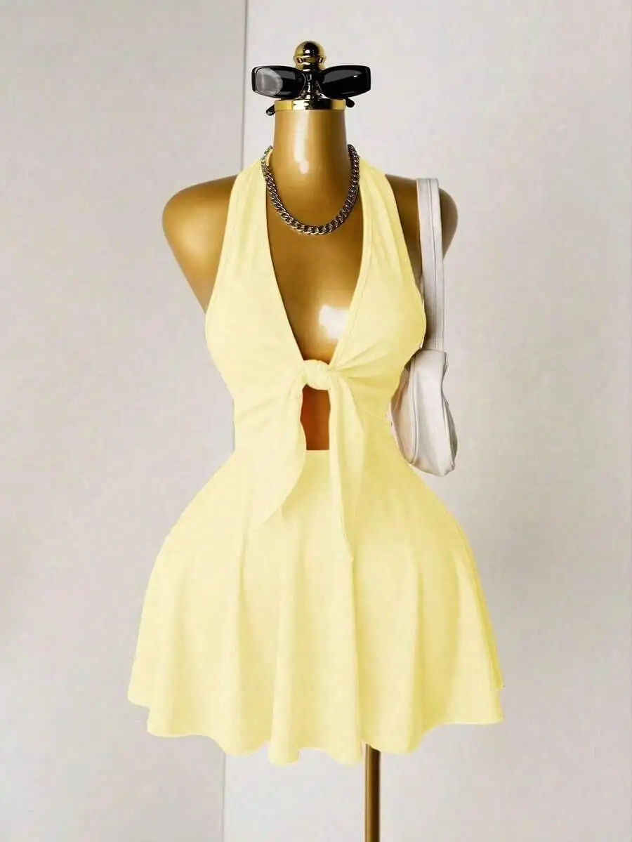 

Womens Halter Neck Solid Color Summer Dress With Front Knot And Flared Skirt
