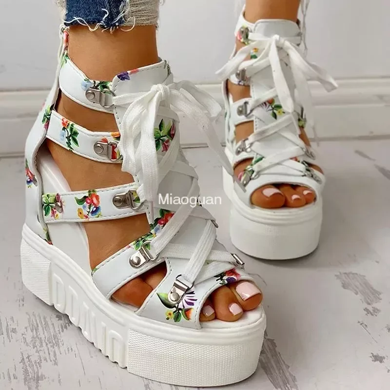 2024 Hot Sale Women\'s New Summer Sandals Floral Wedge High Heels Cross Straps Lace-up Increase 12cm Fashion Casual Shoes Ladies