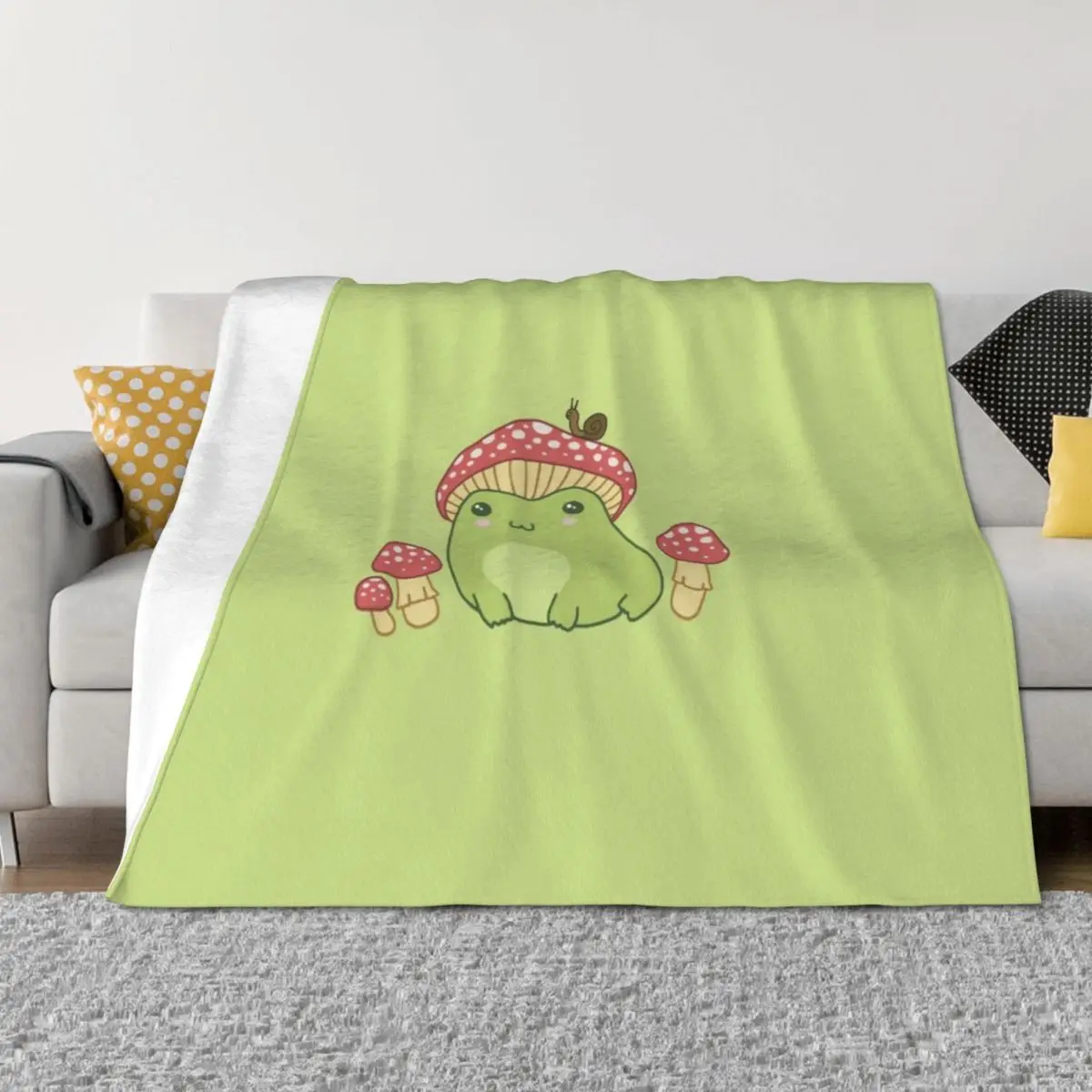 

Kawaii Frog with Mushroom Hat: Cottagecore Aesthetic, Toadstool and Snail Companion, Perfect for Frogge Lovers Throw Blanket