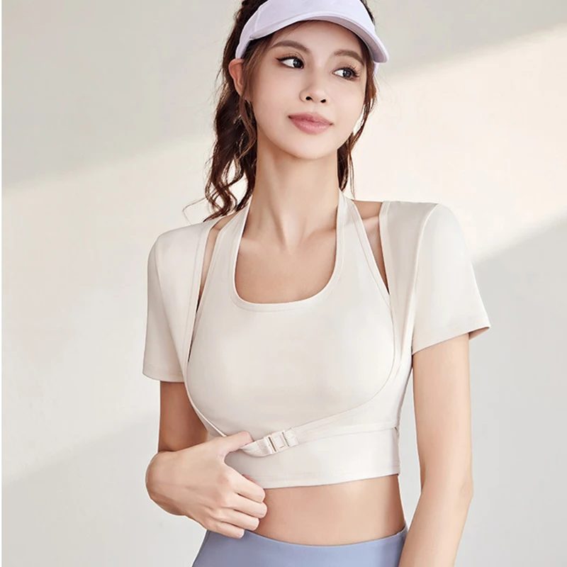 Women Fashion Versatile Sports Top with Fixed Built-in Pads Skinny Quick Dry Yoga T-shirt Comfortable Breathable Pilates Clothes