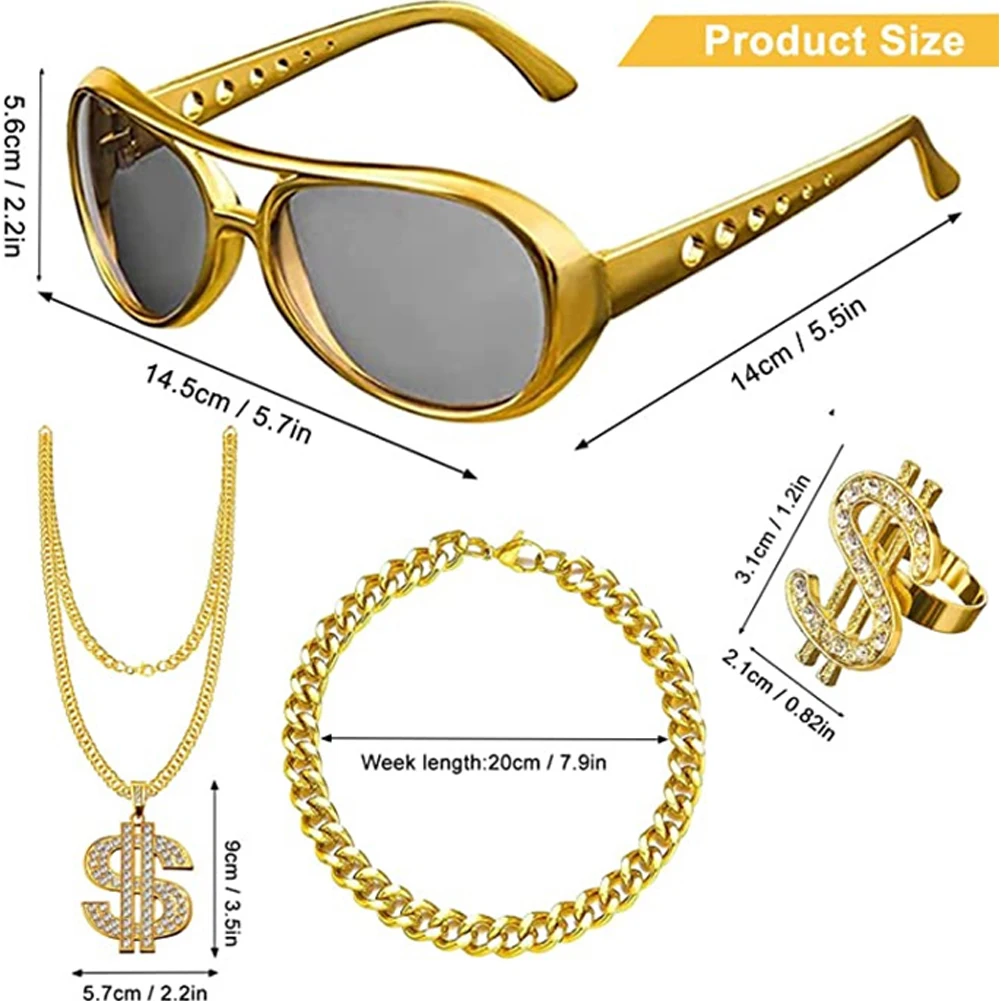 80s 90s الهيب هوب Flamboyant الشرير الدولار تسجيل الدائري 80s/90s مغني الراب اكسسوارات نظارات سوار الهيب هوب زي مجموعة للحزب الرجعية