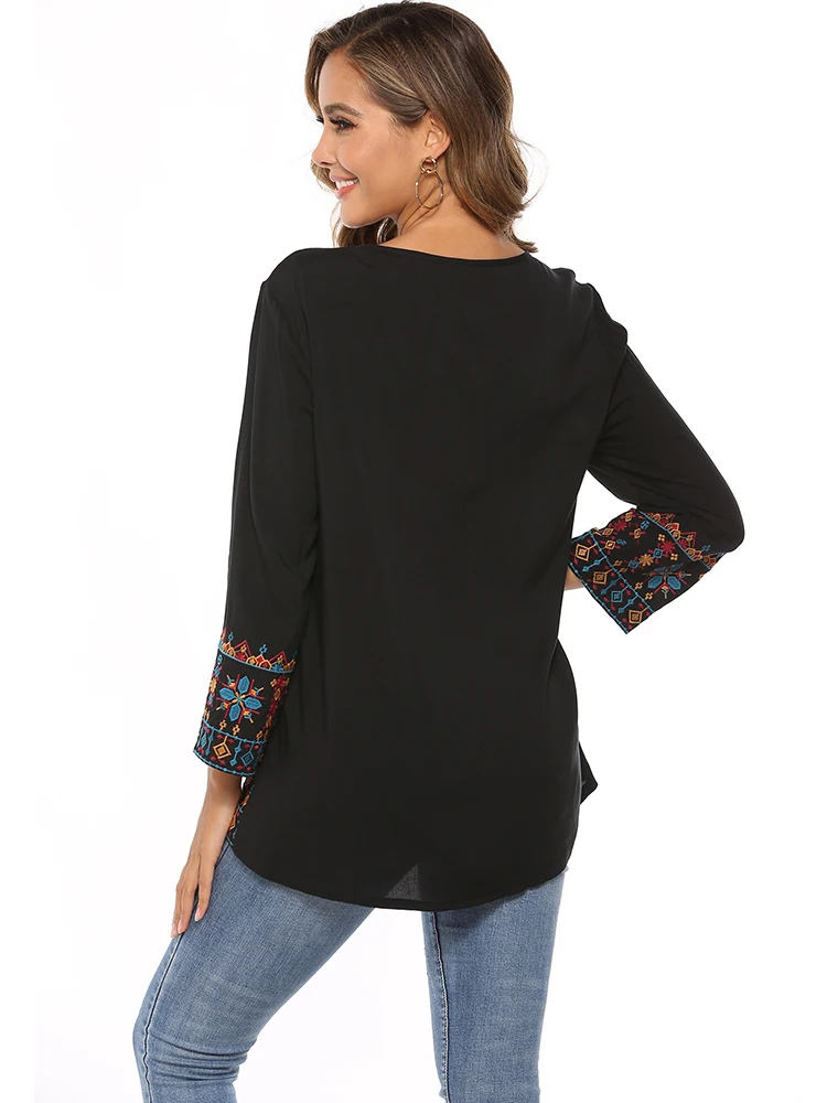 KHALEE YOSE Black Floral Embroidery Blouse Shirt Vintage Chic V-neck Women Shirt Long Sleeve 23xl Boho Striped Ladies Shirt Tops